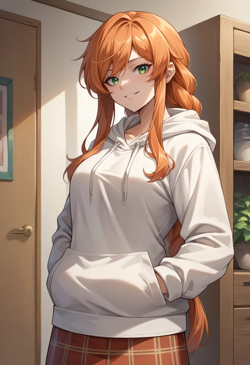 score_9, score_8_up, source_anime, 1girl, solo, FlammeFrieren, orange hair, green eyes, long hair, braided ponytail, indoors, plaid skirt, hoodie, smile, hands in pockets, <lora:ChamFlammePonyXL:1>