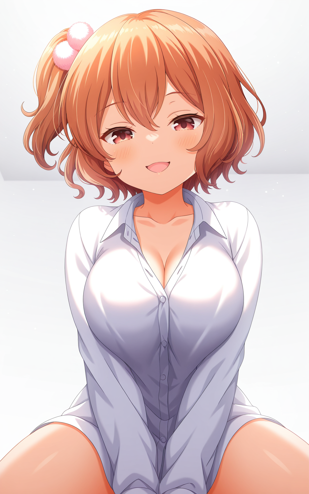 masterpiece, best quality, good quality, newest,4k, perfect lighting, cinematic, very aesthetic, official art, anime screencap, anime coloring,(((white background, simple background))),
1girl,solo,michiru,brown hair,orange hair,short hair,side ponytail,hair between eyes,hair ornament,brown eyes,red eyes,
white shirt,collared shirt,long sleeves,collarbone,naked shirt,large breasts,arms between legs,
wariza,naughty face,half-closed eyes,open mouth,looking at viewer,looking down,from below,BREAK
<lora:ILmichiru:1>