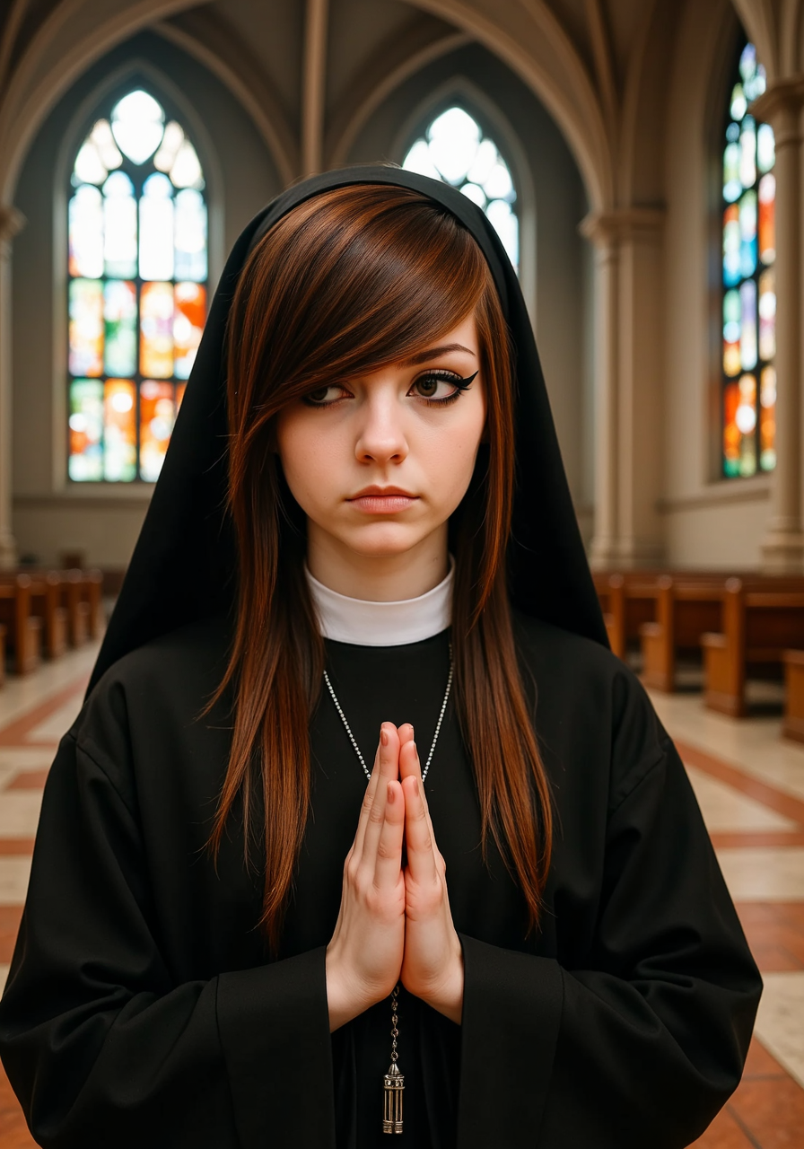 She has a distinctive 2000s scene/emo haircut: thick, sharply angled bangs that sweep across one eye, with long layered strands and long sidelocks that drape in front of her shoulders. Her eyes are framed by bold black winged eyeliner.A young woman with auburn-brown hair peeks out from beneath her habit as she kneels at the altar of a vast, empty cathedral, the light from tall stained glass windows casting colorful reflections onto her pale skin. Her hands are clasped tightly in prayer, but hidden beneath her robes is a rosary made of heavy silver bullets, each one carefully blessed for an impending battle against the demonic forces lurking just beyond the church walls.<lora:2000s_Scene_Emo_Hair.safetensors:1.0:1.0>