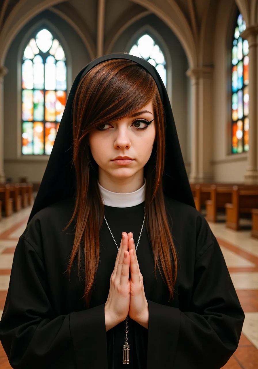 She has a distinctive 2000s scene/emo haircut: thick, sharply angled bangs that sweep across one eye, with long layered strands and long sidelocks that drape in front of her shoulders. Her eyes are framed by bold black winged eyeliner.A young woman with auburn-brown hair peeks out from beneath her habit as she kneels at the altar of a vast, empty cathedral, the light from tall stained glass windows casting colorful reflections onto her pale skin. Her hands are clasped tightly in prayer, but hidden beneath her robes is a rosary made of heavy silver bullets, each one carefully blessed for an impending battle against the demonic forces lurking just beyond the church walls.<lora:2000s_Scene_Emo_Hair.safetensors:1.0:1.0>