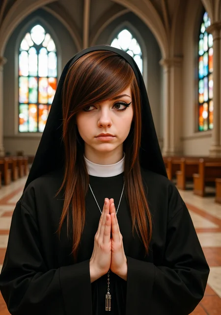 She has a distinctive 2000s scene/emo haircut: thick, sharply angled bangs that sweep across one eye, with long layered strands and long sidelocks that drape in front of her shoulders. Her eyes are framed by bold black winged eyeliner.A young woman with auburn-brown hair peeks out from beneath her habit as she kneels at the altar of a vast, empty cathedral, the light from tall stained glass windows casting colorful reflections onto her pale skin. Her hands are clasped tightly in prayer, but hidden beneath her robes is a rosary made of heavy silver bullets, each one carefully blessed for an impending battle against the demonic forces lurking just beyond the church walls.<lora:2000s_Scene_Emo_Hair.safetensors:1.0:1.0>