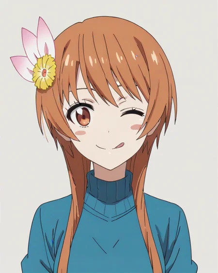 score_9, score_8_up, score_7_up, best quality, masterpiece, anime, anime screencap, anime coloring, looking at viewer, 1girl, solo, upper body, simple background, solid white background, <lora:marika-nisekoi:0.8>, marika tachibana, hair flower, blue sweater, blush stickers, one eye closed, tongue out, smile