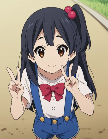 score_9, score_8_up, score_7_up, source_anime, <lora:anko-kitashirakawa-s1-ponyxl-lora-nochekaiser:1>, anko kitashirakawa, long hair, black hair, hair ornament, brown eyes, one side up, hair bobbles,, suspenders, shirt, white shirt, bowtie, red bowtie, buttons, shorts, blue shorts,, dirt road, rural, path, dust, nature, smile, v, v over eyes,, looking at viewer, solo,, dutch angle, cowboy shot