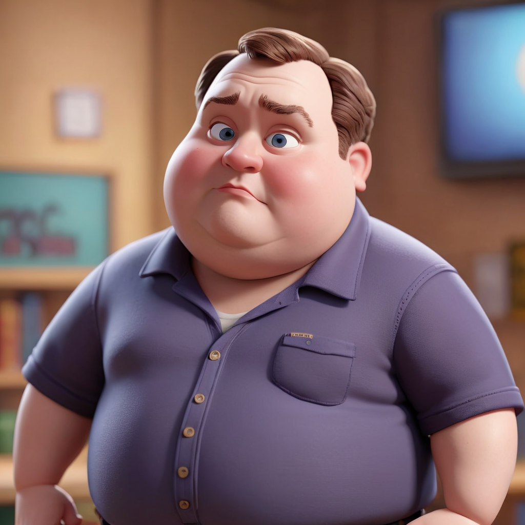 3D character ((Charley Koontz  :1.2) as Fat Neil), from the tv series community, (caricature:0.2). bokeh, professional, 4k, highly detailed (Pixar Render, CGI Animation, Disney:1.2)  <lora:SamaritanEsdxl:0.45>, classroom background, (fat), (ugly:1.2), age 17, teenager