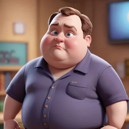 3D character ((Charley Koontz  :1.2) as Fat Neil), from the tv series community, (caricature:0.2). bokeh, professional, 4k, highly detailed (Pixar Render, CGI Animation, Disney:1.2)  <lora:SamaritanEsdxl:0.45>, classroom background, (fat), (ugly:1.2), age 17, teenager