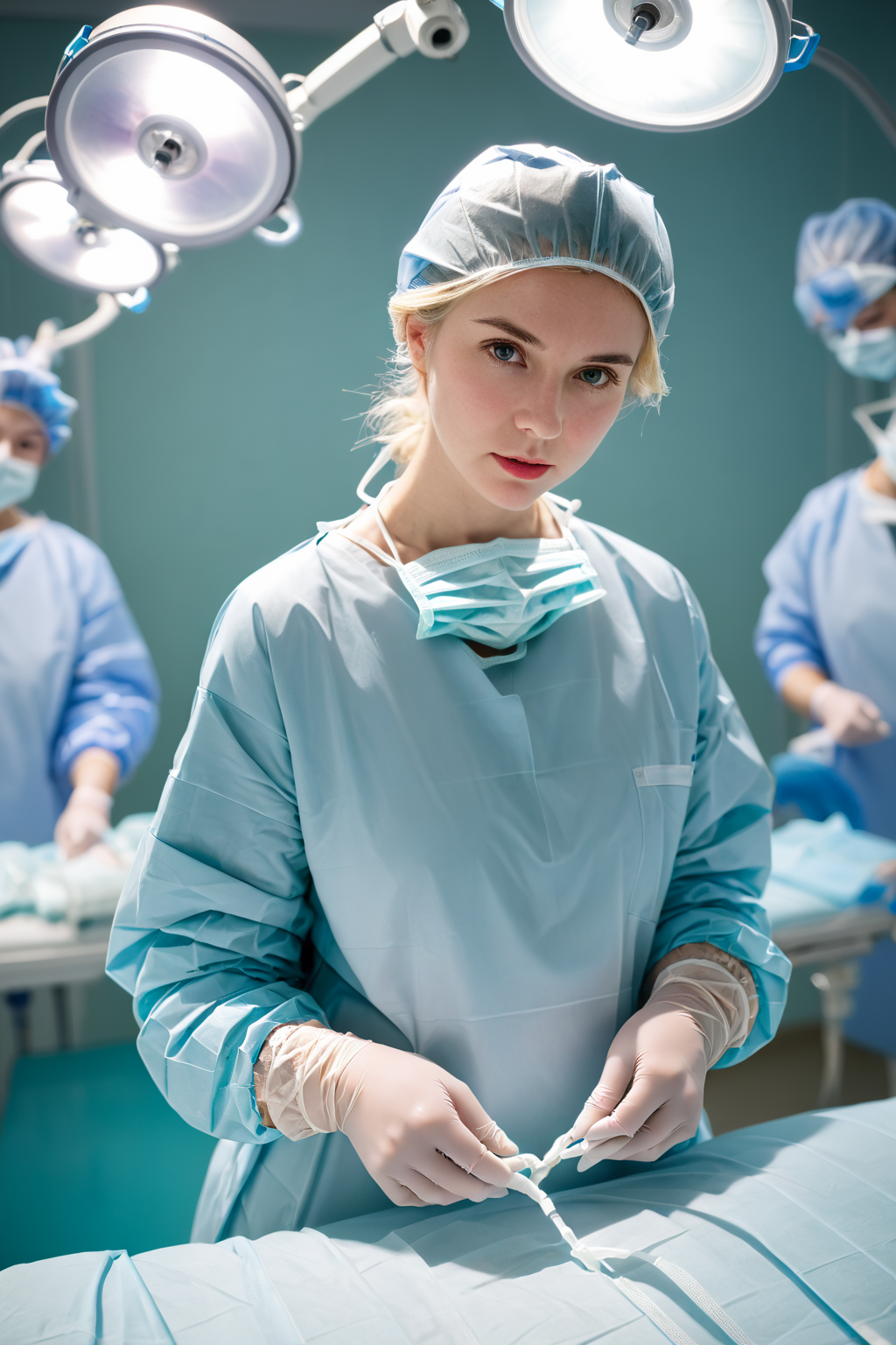 (RAW photo, best quality), 1girl,  blonde, long sleeve surgical outfit, surgical mask,  surgical gloves, surgical cap,  operating room, overhead surgical light, blurred background, focused 
 <lora:concept_surgeon_mask_open_xl_v1-000002:1>, surgical_mask_open, completely_undone, masterpiece, best quality,
