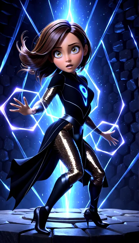 (3d pixar style:1.3), Mystical woman in an outfit with metallic hexagonal textures, in front of a stone backdrop, glowing highlights.
Mid-spin, hair and outfit textures flowing.
Eyes narrowed, with a questioning look.Layered lighting effects, creating depth and contrast.