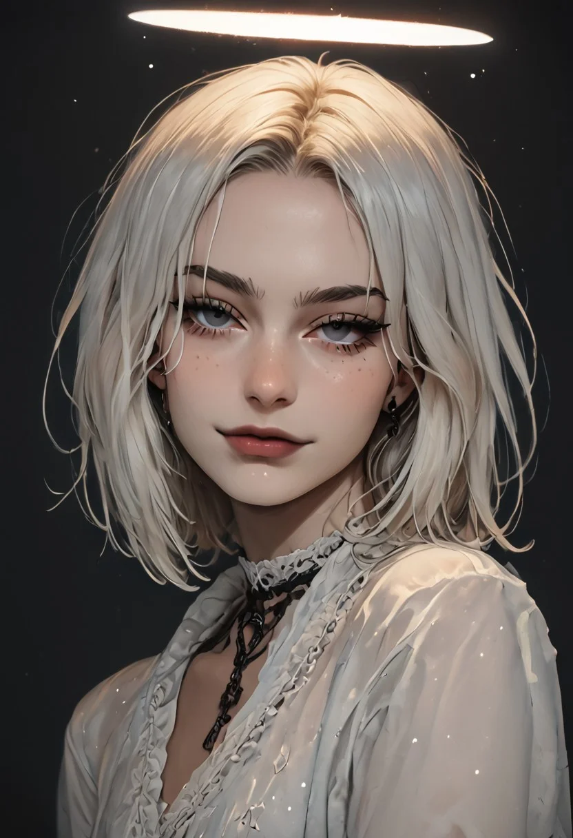 score_9, score_8_up, score_7_up, zPDXL, Beuty, d4rk01l, g4n1m3, portrait,
BREAK,
Goth girl, Goth girl 1girl, solo, (18 years old, petite body, cute), white hair, straight hair, bob cut, bangs, white halo behind head, (angel wings), angel girl, lace top, white top, closed mouth, sky eyes, natural lips, slight smile, oval-shaped head, happy face, light-skinned, shiny skin, eyeliner, looking at viewer,
BREAK,
day, sunny day, white background