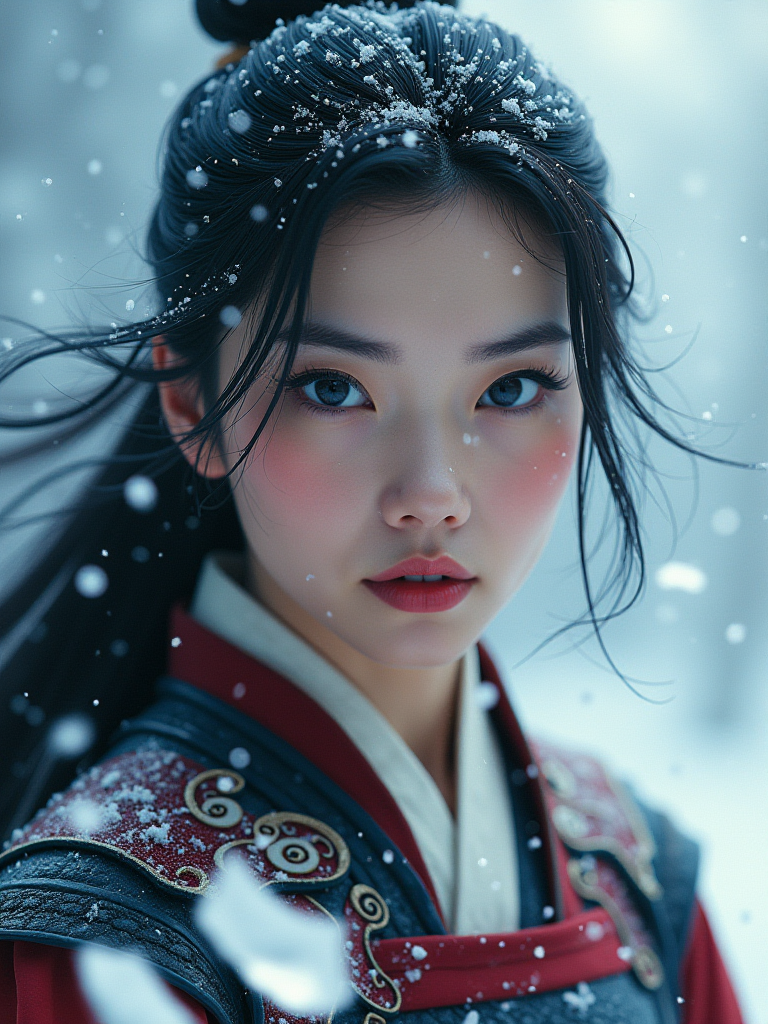 Movie Poster Concept: The Great Mulan (With Snow and Shattered Glass)
Overall Composition:

Central Focus: Mulan is depicted in a half-body portrait, facing the viewer directly. Her expression is fierce yet contemplative, embodying the spirit of a warrior ready for battle.
Character Details:

Mulan's Appearance: Her hair is elegantly styled, with some strands caught in the falling snow, adding a dynamic element to her look. Her eyes are intense, conveying a mixture of determination and vulnerability.

Costume Details: She wears a richly detailed armor with intricate designs, and the white snow contrasts beautifully against the dark colors of her outfit. The armor glistens as snowflakes land on it, enhancing the visual impact.

Snow and Atmosphere:

Snowfall: The sky is filled with swirling snowflakes, creating a serene yet dramatic atmosphere. The snowflakes vary in size, some larger ones capturing the light, adding depth to the scene.

Lighting Effects: Soft, diffused light illuminates Mulan’s face, casting gentle shadows that enhance her features, while the snow adds a magical quality to the overall composition.

Shattered Glass Effect:

Foreground Element: In front of Mulan, shards of broken glass scatter across the scene. The glass reflects fragments of her image and the snowy background, creating a sense of chaos and tension. Some shards catch the light, adding sparkle and intrigue.

Symbolism: The shattered glass represents the struggles and battles she faces, reflecting the fragility of her situation while also suggesting resilience and strength.

Overall Atmosphere:
This poster captures Mulan in a powerful moment, surrounded by swirling snow and framed by shattered glass. The combination of the serene snowfall and the chaotic glass creates a striking contrast, drawing the viewer in and evoking a sense of anticipation for the epic story to unfold. The intricate details and emotional depth make this a visually stunning representation of a great warrior.