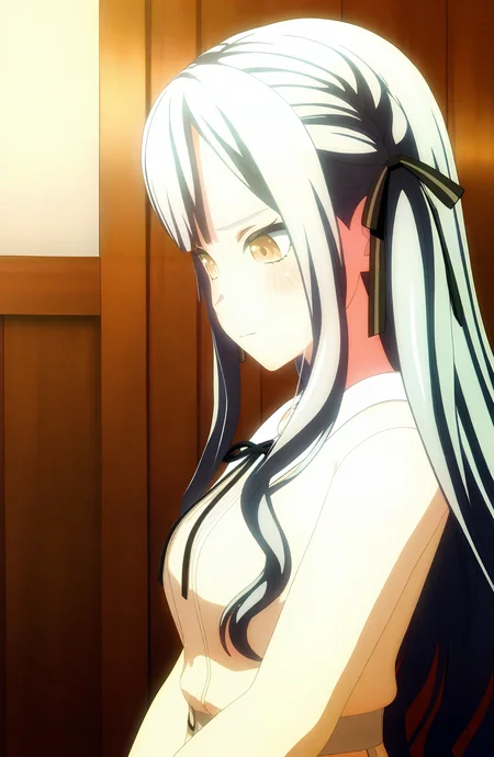 1girl, solo, long_hair, blush, ribbon, closed_mouth, upper_body, yellow_eyes, grey_hair, hair_ribbon, indoors, from_side, black_ribbon, looking_down