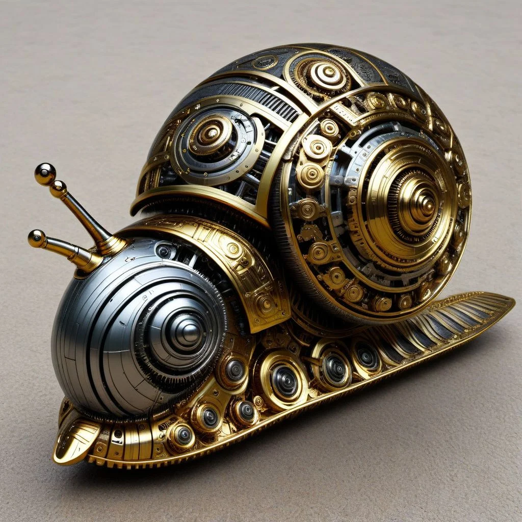 mechanical snail, steel, shiny and gold, tracked, roboticizer, ribbed shell, armed, gears, sci-fi