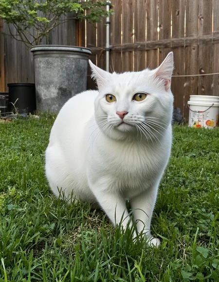 realistic photo of vanillacat, a white cat, ultra high quality, very detailed fur, sharp focus, highly detailed, <lora:uai_VanilyaCat_v102:1>, <lora:Backyard_Suburbs:1>, Backyard_Suburbs backyard background, fence, plants, buckets