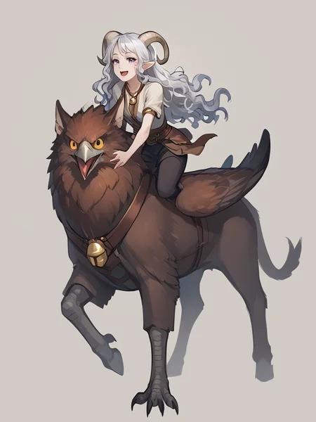 source_furry, score_7_up, rating_safe, source_anime, anime face, <lora:whisker_markings:0.8>red whisker_markings, silver long wavy hair, bell necklace, short pointy ears, purple eyes, <lora:age_slider_v4:0.6> full body, close up,
<lora:Test_Diana:0.9> tiefling_bard_diana griffin, riding griffin, <lora:Tieflingnew weird fantasyDND:0.3><lora:Smooth Style 2 SDXL_LoRA_Pony Diffusion V6 XL:0.3> smile, open eyes, <lora:INKxXmo shaded face:0.7> Shaded FaceINKxXmo Dark Theme, <lora:griffin:1>