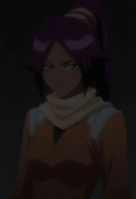 masterpiece, best quality, amazing quality,,, shiny skin,,,,,, dark-skinned female,purple hair,yellow eyes,long hair,ponytail,,anime coloring, orange jacket,scarf,<lora:Yoruichi_Shihouin-Bleach:0.8>
