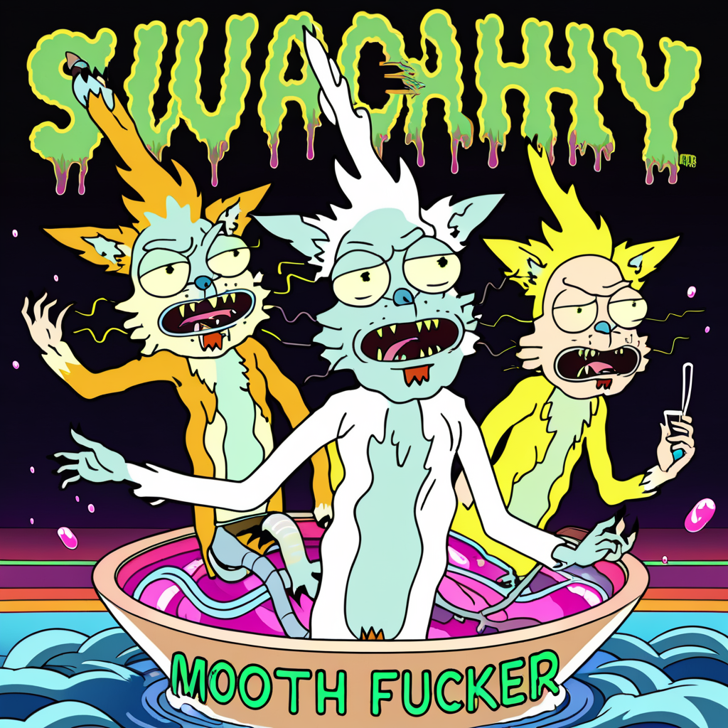 masterpiece, best quality, fanart, trippy (ukj floating in a vat of acid), rick and morty with text that says "SUQNACHY MOTHER FUCKER!"<lora:squanch_sdxl_ukj_E3:0.95>