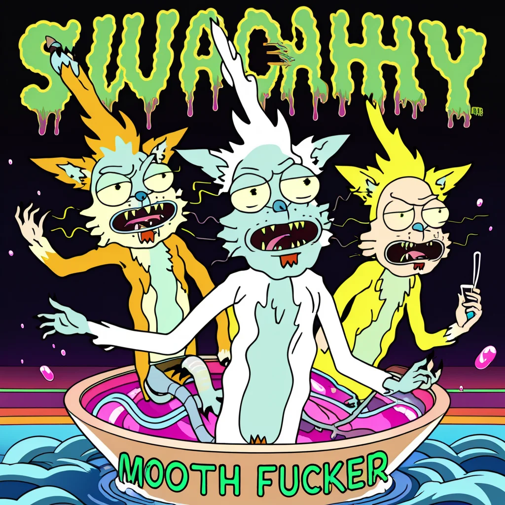 masterpiece, best quality, fanart, trippy (ukj floating in a vat of acid), rick and morty with text that says "SUQNACHY MOTHER FUCKER!"<lora:squanch_sdxl_ukj_E3:0.95>