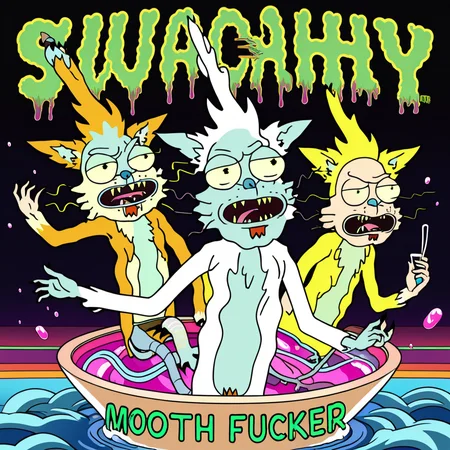 masterpiece, best quality, fanart, trippy (ukj floating in a vat of acid), rick and morty with text that says "SUQNACHY MOTHER FUCKER!"<lora:squanch_sdxl_ukj_E3:0.95>