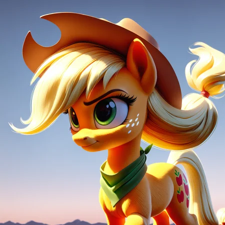 applejack \(mlp\), friendship is magic, gradient background, feral, pony, hat, wind, ponytail, detailed, absurdres, artist:bing3d, <lora:b3d-noobvpred10-r3:1>