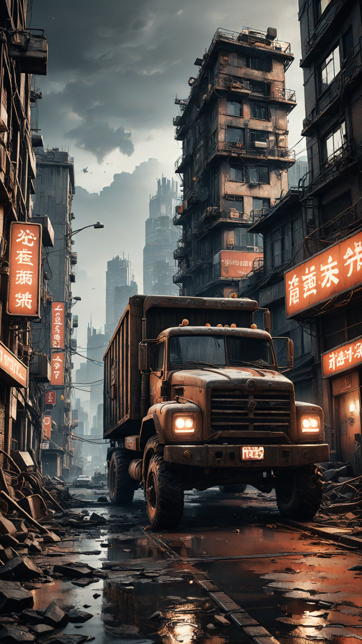 extremely detailed, there is a truck that is driving through a city with buildings, digital concept art of dystopian, post - apocalyptic city, dystopian scifi apocalypse, photorealistic dark concept art, post apocalyptic city, post apocalyptic scene, apocalyptic city, highly realistic concept art, post apocalyptic atmosphere, post apocalyptic tokyo, post apocalyptic wasteland, post - apocalyptic wasteland, post - apocalyptic city streets, unreal engine 5, perfect composition, vibrant, rtx, hbao, sharp,