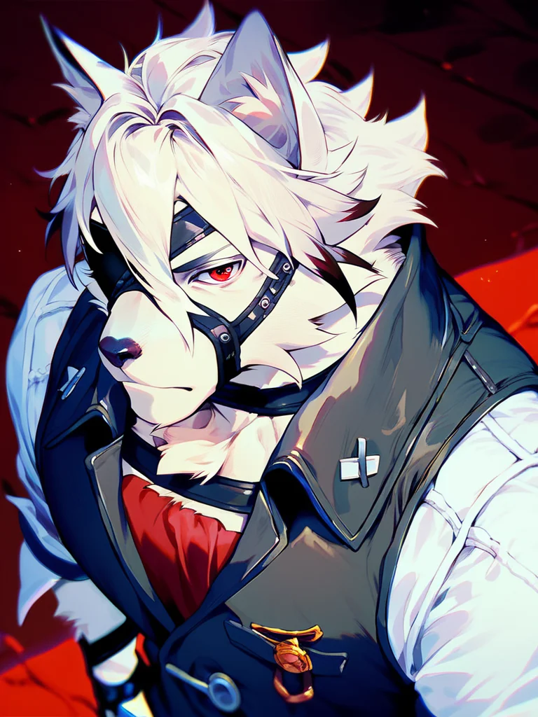 score_9, score_8_up, score_7_up, solo, detailed, male focus, <lora:von_lycaon-05:1>, von lycaon, red eyes, looking at viewer, eyepatch, solo, looking at viewer, vest, from above, high angle view,