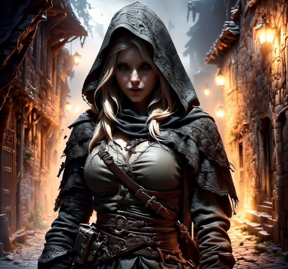 RAW photo, (masterpiece:1.3), subsurface scattering, heavy shadow, (high quality:1.4), (intricate, high detail:1.2), professional photography, HDR, High Dynamic Range, realistic, ultra realistic, photorealistic, high resolution, film photography, ambient lighting, atmospheric effects, <lora:detail_slider_v4:2>, OverallDetail, DarkFantasy,  a Young woman, blonde hair, as an evil thief and assassin, FaRo, <lora:FantasyRogues:1>, in a dark! and creepy alley in a poor quarter of a medieval town, derelict houses, night, fog, no street lamps, <lora:DarkAlley:1>,  epiCPhoto