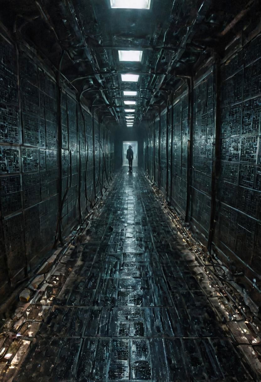a dystopian matrix abyss by H.P. Lovecraft, a long floor into eternity, black reflecting tiles, dimmed lightning, vintage sci-fi led panels, electrical panels, neo pale man in the end of the floor, looking to viewer, tool band art