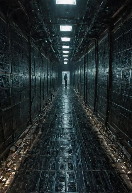 a dystopian matrix abyss by H.P. Lovecraft, a long floor into eternity, black reflecting tiles, dimmed lightning, vintage sci-fi led panels, electrical panels, neo pale man in the end of the floor, looking to viewer, tool band art