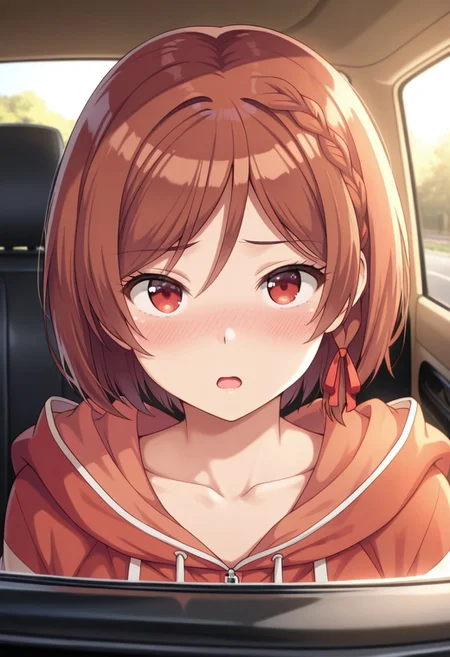 masterpiece,best quality,amazing quality, sakuramori akane, short hair, brown hair, red eyes, 1girl, braid, solo, collarbone, open mouth, looking at viewer, ribbon, hair ribbon, blush, side braid, car interior, red ribbon, hood, portrait