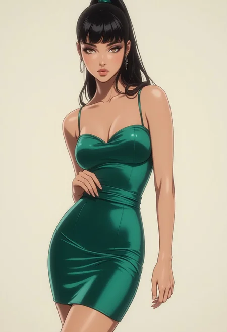 An ultra-modern mannequin-inspired model with piercing hazel eyes, sharp facial structure, and flawless skin, elegantly posing in a silky emerald green mini dress with a structured fit. Her jet-black hair is pulled into a sleek ponytail, highlighting her facial features. She lightly lifts her left hand near her waist while her right is positioned outward. The background is soft, studio-style cream-white.