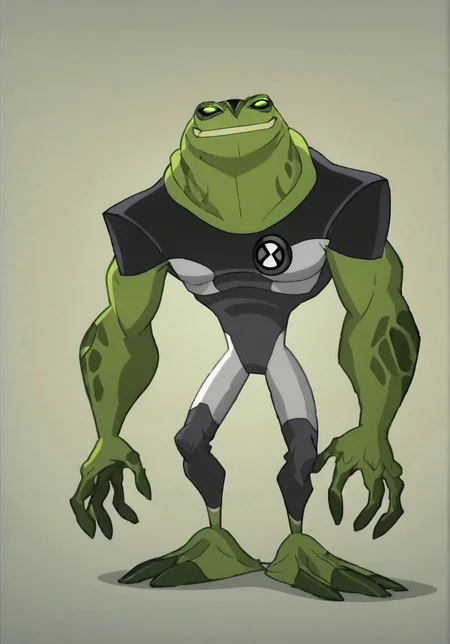 score_9, score_8_up, score_7_up, screencap,   <lora:ben10-07:1> ben10, solo, no humans, full body, bodysuit, badge,detailed background, gray frog, anthro, big head, smiling,
