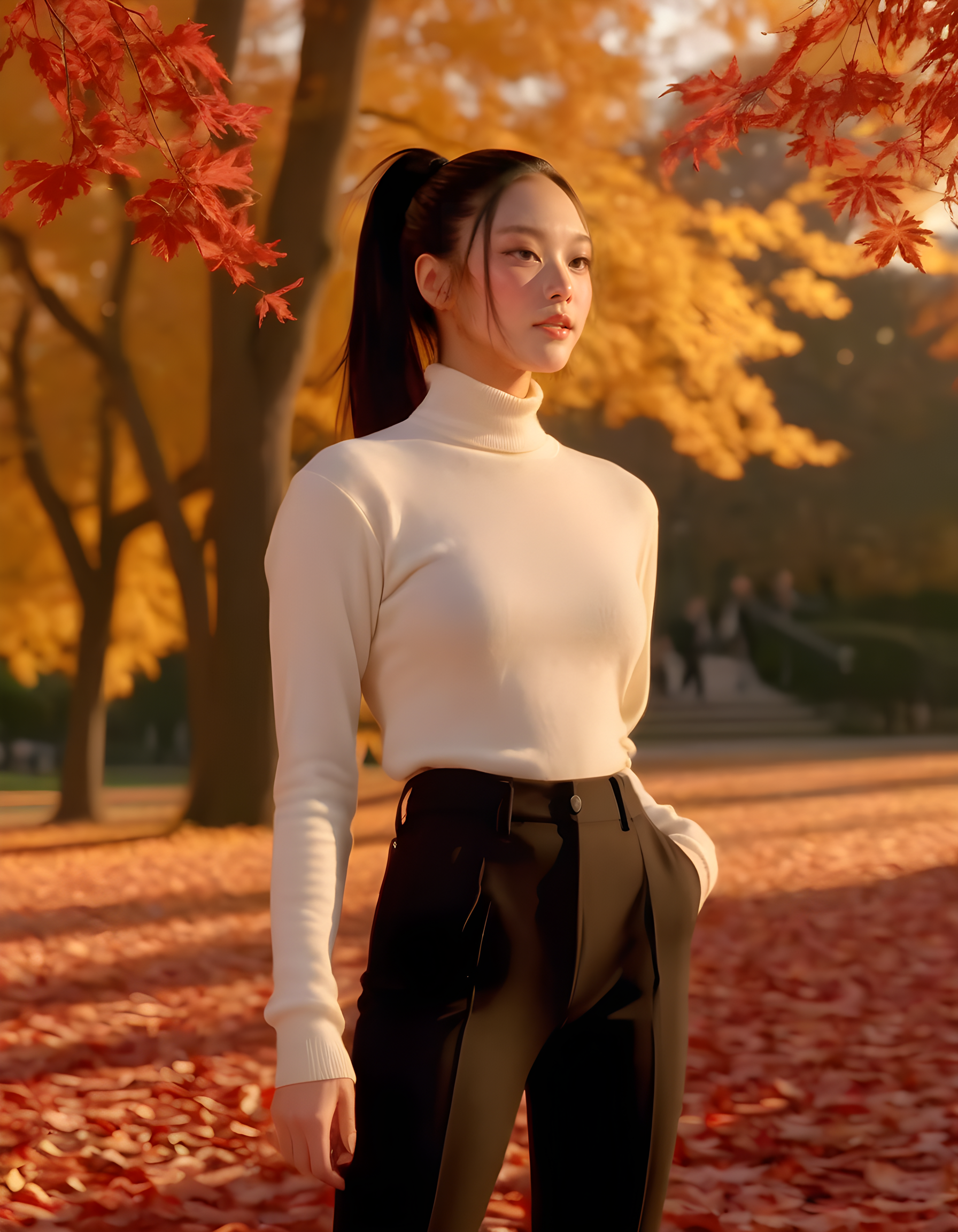 In a vibrant autumnal park bathed in the golden glow of setting sun, a striking woman named NJZH43R1N with raven-black hair pulled back into a sleek ponytail is captured from a low angle, standing tall and confident. She wears a pair of tailored black pants that accentuate her elegance, and her long, cascading locks frame her face as she gazes directly at the viewer, one hand gently cradling a loose strand of hair while the other rests casually by her side. The rich red and gold leaves scattered across the ground create a picturesque backdrop to this captivating portrait.
