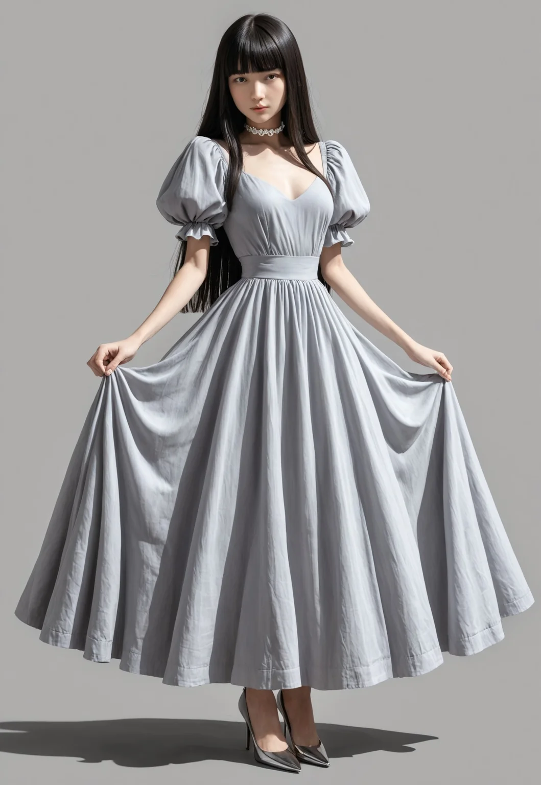 high_quality, highres, detailed, masterpiece, best quality, absurdres, woman wearing Jedvnd, vintage dress, dress is pure white, puff sleeves, white choker, low heels, <lora:VintagedressIL-000002:1>, neutral grey colored background, beautiful hair, hime cut, shy_pose,  long_shot, black hair
