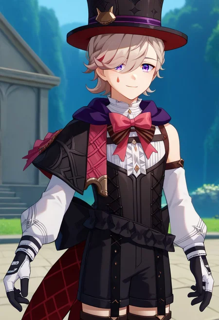 score_9, score_7_up, source_anime
lyney, 1boy, male focus, solo, purple eyes, blonde hair, short hair, braid, hair over one eye, teardrop facial mark, ouji fashion, hat, top hat, black headwear, capelet, bow, pink bow, shirt, white shirt, frills, center frills, corset, detached sleeves, long sleeves, puffy long sleeves, puffy sleeves, gloves, smile,
outdoor,