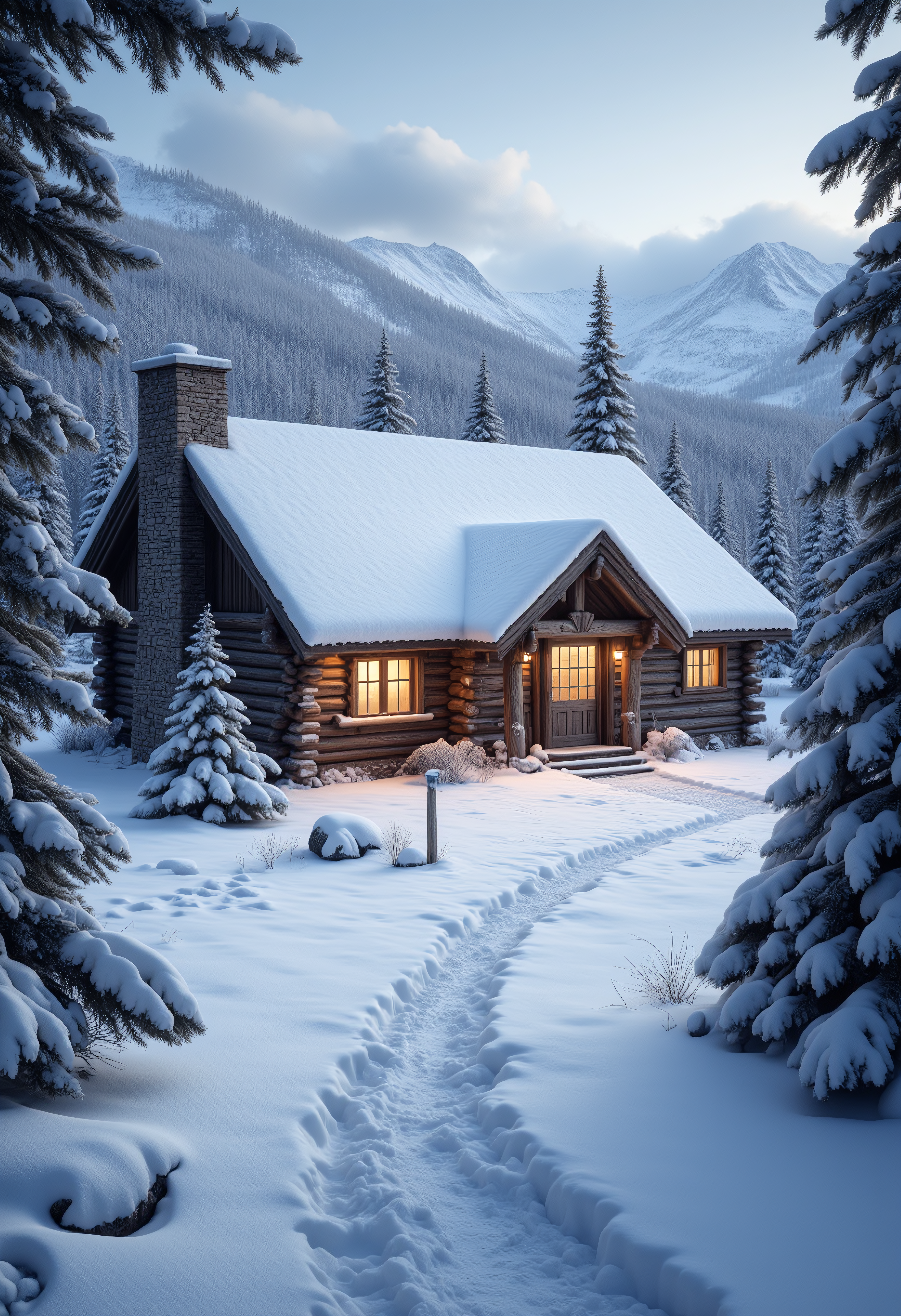 Snow-Covered Cabin in the Wilderness
A remote cabin blanketed in fresh snow, with soft light glowing from the windows. Smoke curls from the chimney, and a path of footprints leads to the door. The surrounding pine trees are heavy with snow, and the scene is framed by a backdrop of distant, snow-capped mountains. ral-drath, aidmaMJ6.1