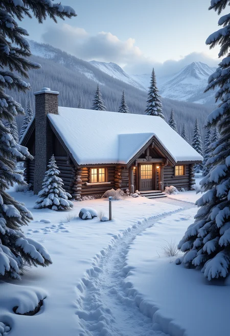 Snow-Covered Cabin in the Wilderness
A remote cabin blanketed in fresh snow, with soft light glowing from the windows. Smoke curls from the chimney, and a path of footprints leads to the door. The surrounding pine trees are heavy with snow, and the scene is framed by a backdrop of distant, snow-capped mountains. ral-drath, aidmaMJ6.1