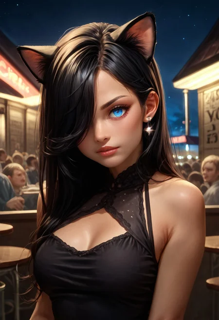 score_9, score_8_up, score_7_up, detailed, 1girl, solo, intricate details, chromatic aberration, realistic, long hair, black hair, cat ears, hair over one eye, blue eyes, earrings, sharp eyes, black halter top mini dress, night time, inside a crowded night club, neon lighting, dim lighting, looking at viewer