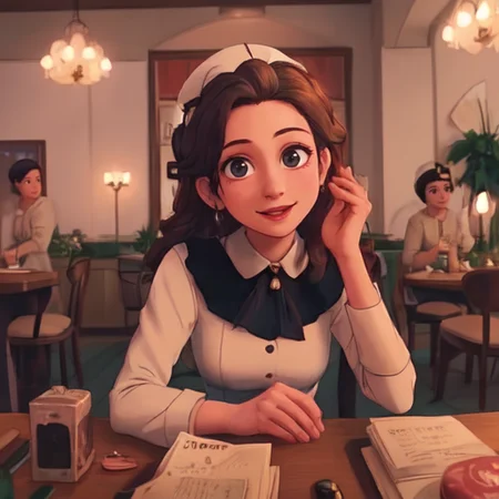 female, age 25,  sitting in a restaurant   honey eyes, long blonde hair, wild hair, high cheek bones, round face, cute, highly detailed, sharp focus, stunningly beautiful, looking at camera, smile, sultry look, makeup, Grand Budapest
 <lora:Grand_Budapest_v1:0.75>
