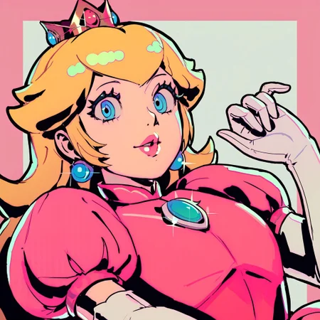 score_9, score_8_up, score_7_up, score_6_up, score_5_up, score_4_up, source_cartoon, <lora:confetti-extract- ponyxl:0.85>, detailed eyes, easynegative, rating_explicit, Expressiveh, 1girl, solo, smiling at viewer, smile, close up, datcravat, 
princess peach, blonde hair, blue eyes, long hair, crown, pink lipstick, pink lips, dress, gem, gloves, pink dress, princess, puffy short sleeves, puffy sleeves, short sleeves, white gloves, detached collar, pendant, gem, chest jewel,