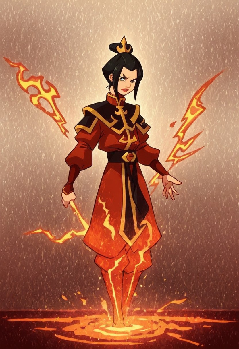 Azula, the fierce and cunning firebender, stands confidently at the center of the scene, wielding a bolt of lightning in her hand. Her eyes are sharp and intense, reflecting her unwavering determination and strategic mind. She is dressed in her traditional Fire Nation armor, which glows with shades of deep red and black, accented by golden details. Her long, dark hair flows behind her like a trail of smoke, subtly moving as if stirred by an unseen breeze. The background is a dramatic, volcanic landscape under a blood-red sky, with molten lava flowing across jagged rocks and plumes of dark smoke rising into the air. Blue flames dance around her, highlighting her unique firebending abilities and adding a contrasting, electric blue hue to the predominantly warm color palette. The atmosphere is charged with tension and raw power, as Azula embodies the dangerous and unpredictable force of fire and lightning. Her stance is both regal and intimidating, conveying a sense of control and command over the elements she wields. The image should be rendered in maximum ultra-high-definition quality, with detailed textures and ultra-realistic lighting to capture the glow of the flames, the sharpness of the lightning, and the intensity of the scene. The special effects should emphasize the crackling energy of the lightning and the heat of the flames, creating a dynamic 8K high-definition image with realistic lighting to enhance the dramatic and powerful atmosphere.