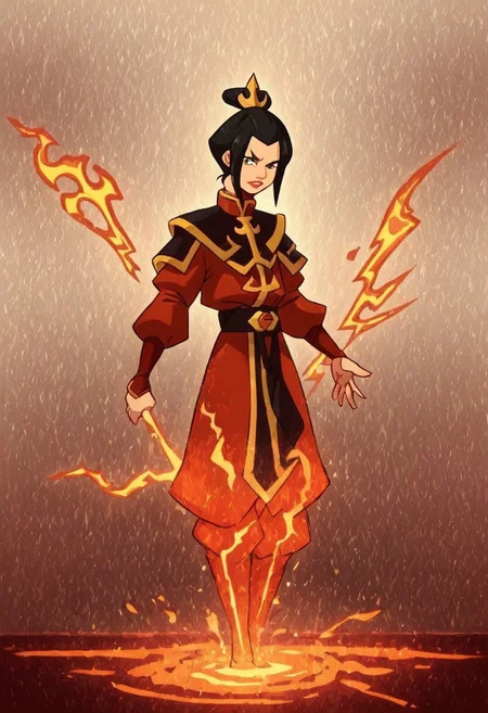 Azula, the fierce and cunning firebender, stands confidently at the center of the scene, wielding a bolt of lightning in her hand. Her eyes are sharp and intense, reflecting her unwavering determination and strategic mind. She is dressed in her traditional Fire Nation armor, which glows with shades of deep red and black, accented by golden details. Her long, dark hair flows behind her like a trail of smoke, subtly moving as if stirred by an unseen breeze. The background is a dramatic, volcanic landscape under a blood-red sky, with molten lava flowing across jagged rocks and plumes of dark smoke rising into the air. Blue flames dance around her, highlighting her unique firebending abilities and adding a contrasting, electric blue hue to the predominantly warm color palette. The atmosphere is charged with tension and raw power, as Azula embodies the dangerous and unpredictable force of fire and lightning. Her stance is both regal and intimidating, conveying a sense of control and command over the elements she wields. The image should be rendered in maximum ultra-high-definition quality, with detailed textures and ultra-realistic lighting to capture the glow of the flames, the sharpness of the lightning, and the intensity of the scene. The special effects should emphasize the crackling energy of the lightning and the heat of the flames, creating a dynamic 8K high-definition image with realistic lighting to enhance the dramatic and powerful atmosphere.