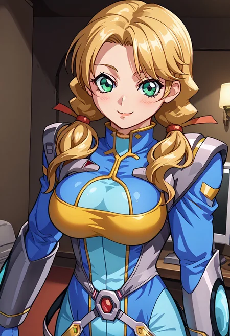 score_9, score_8_up, score_7_up, score_6_up, source_anime, anime screencap, 1girl, solo, oldrin, blonde hair, low twintails, green eyes, srwbluepilotsuit, blue bodysuit, pauldrons, wrist guards, metal belt, grey armor, helmet removed, no headwear, large breasts, looking at viewer, light blush, smile, cowboy shot, night, indoors, modern, dark walls, monitor,