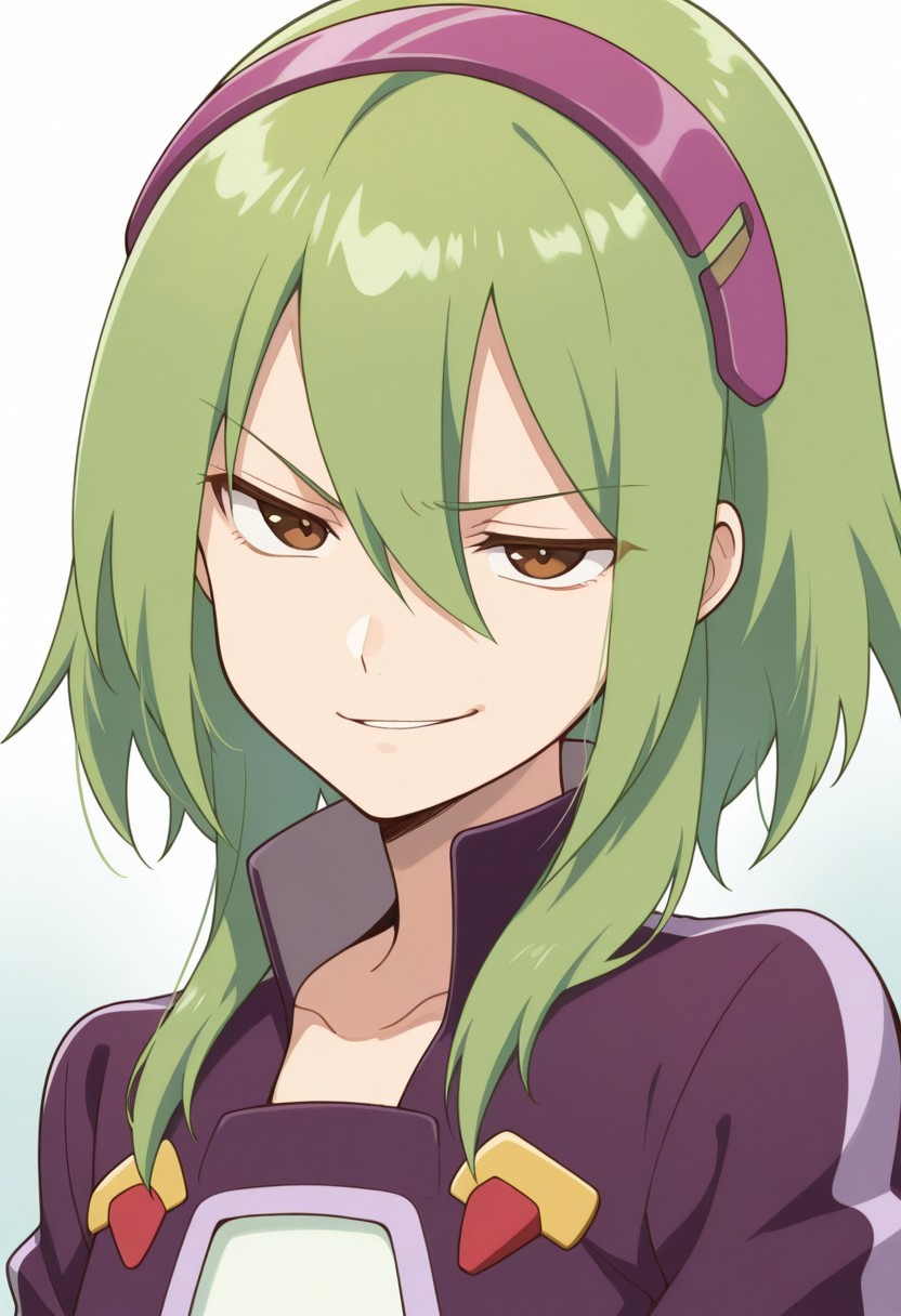 masterpiece,best quality,amazing quality, source_anime, 
FutabaTsukasa, 1boy, male focus, solo, brown eyes, green hair, hairband, collarbone, white shirt, purple jacket, cropped jacket, portrait, smirk,