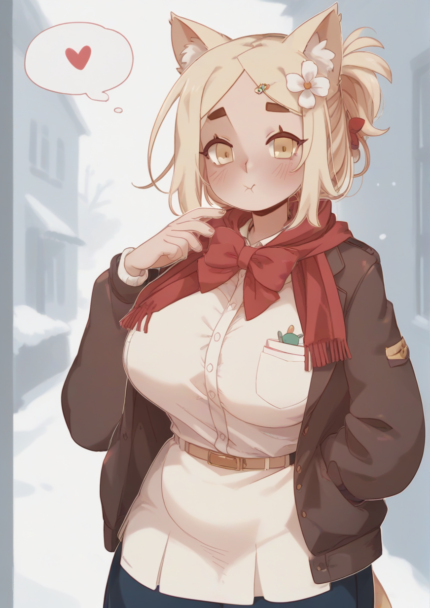 1girl, huge breast, css cat girl, blush, bow, bowtie, flower, hair flower, hair ornament, hand in pocket, heart, red scarf, scarf, school uniform, solo, thought bubble, winter clothes,  zPDXL3 <lora:bakuatsukiyu:1>