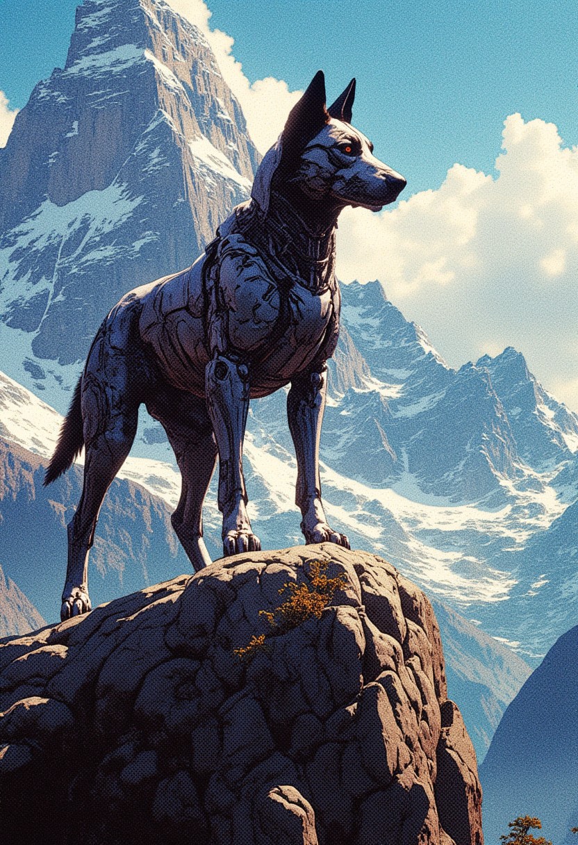 majestic, large dog stands proudly on a rocky cliff, overlooking a vast futuristic mountain landscape. Cybernetic dog features sleek, his look,  blending technology with nature. In the background, the towering mountains are slightly altered by advanced tech structures, adding to the futuristic vibe of the scene