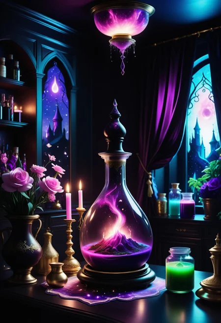 a wizard,brewing a potion in a reij-mg alchemist room, silhouette, ambient light, nature art, hexagonal , with awning embroidery, spring garden, Hurricane, Sketched, mosaic, Sepia filter, organic, detailed, deep rich colors, fine detail, luxury, cinematic, positive emotional, dark ambient light