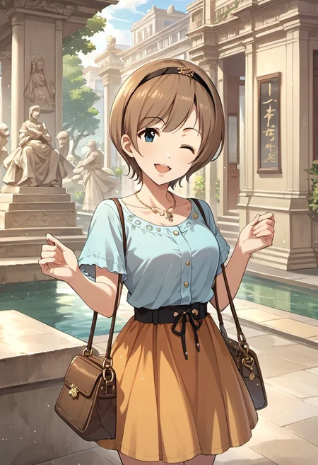 score_9, score_8_up, score_7_up, source_anime, manaka misato, short hair, brown hair, blue eyes, 1girl, one eye closed, solo, jewelry, necklace, hairband, bag, skirt, handbag, statue, smile, open mouth
