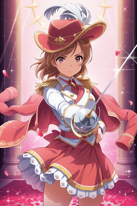 masterpiece, best quality, amazing quality,
<lora:Karen_IL:1> karen, 1girl, weapon, petals, solo, hat, sword, hat feather, holding, brown hair, epaulettes, skirt, sparkle, holding weapon, red skirt, rapier