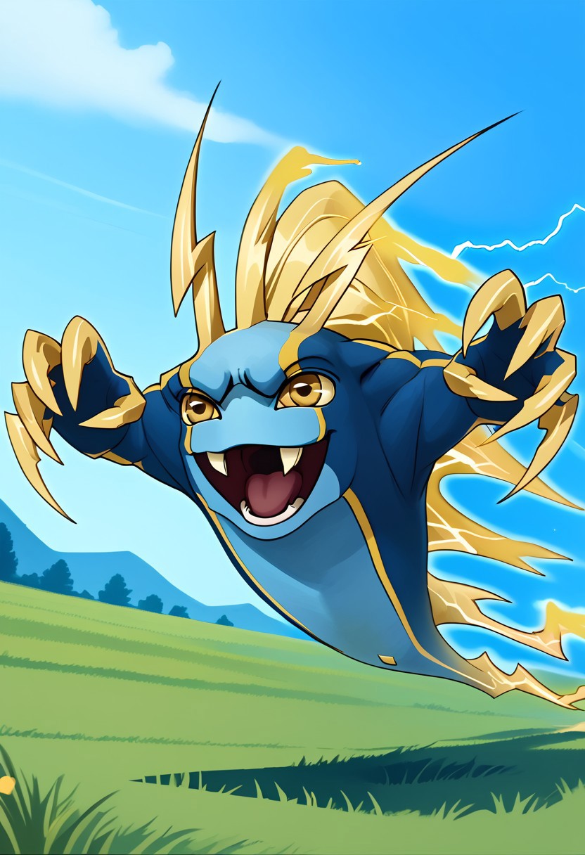 BREAK score_9, score_8_up, score_7_up, source_cartoon, Joules_Tazerlings, ray-shaped antennae, yellow rays, yellow eyes, two-tone skin, light blue-blue, light blue chest, yellow claws, tail of electricity, grass, smile, (creativity:1.3), outdoors,