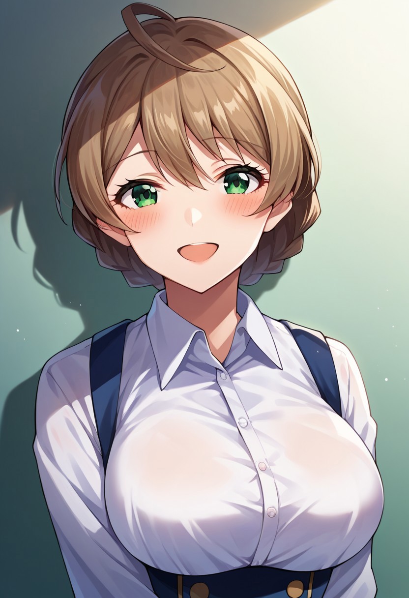 score_9, score_8, score_7, source_anime, sakuramori kaori, 1girl, solo, braid, looking at viewer, blush, smile, open mouth, large breasts, shirt, jewelry