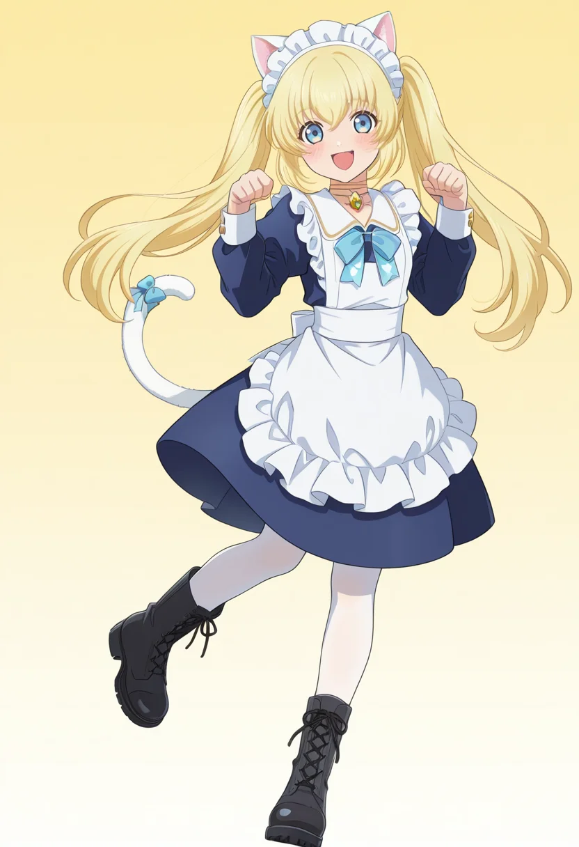 simple background, white background, gradient background,
BREAK,
open smile, blush, paw pose, embarrassed,
full body, dynamic angle,
BREAK,
<lora:coletteX2_illustriousXL_v07:0.9>
coletternd, blonde hair, blue eyes, long hair, choker, twintails, colettemaidb, white cat ears, white cat tail,
navy dress, puffy sleeves, long sleeves, frills, blue chest ribbon, apron,
white pantyhose, black boots, cross laced boots,, source_anime, very aesthetic, anime coloring, masterpiece,
best quality, amazing quality, ultra detailed, very aesthetic,
detailed background,
BREAK,